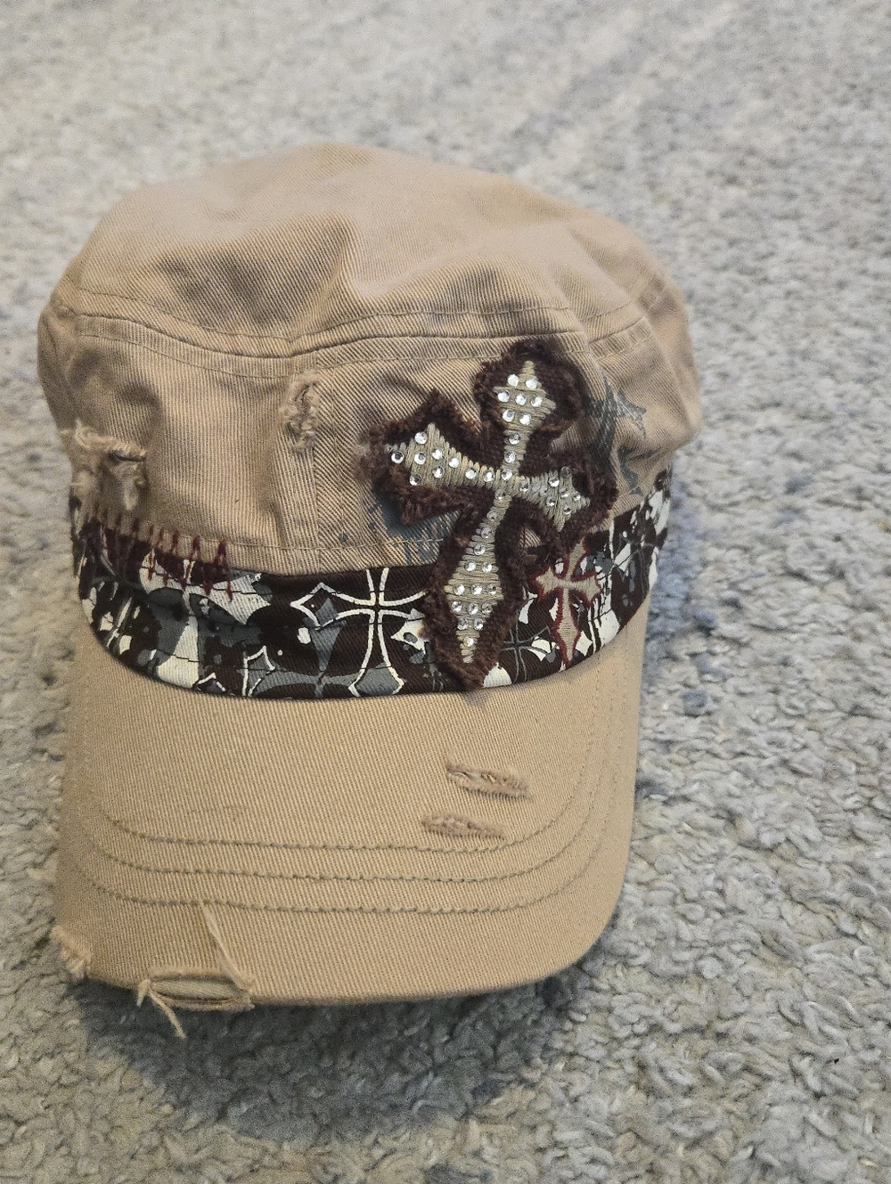 Vtg Leader Distressed Cadet Hat Tan Cross Rhinestone Y2K Military Cap Goth Grung